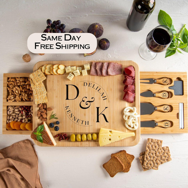Charcuterie Board Personalized Custom Cheese Board with Utensil Bridal Shower Gift for Couple Housewarming Engagement Gifts Christmas Gift
