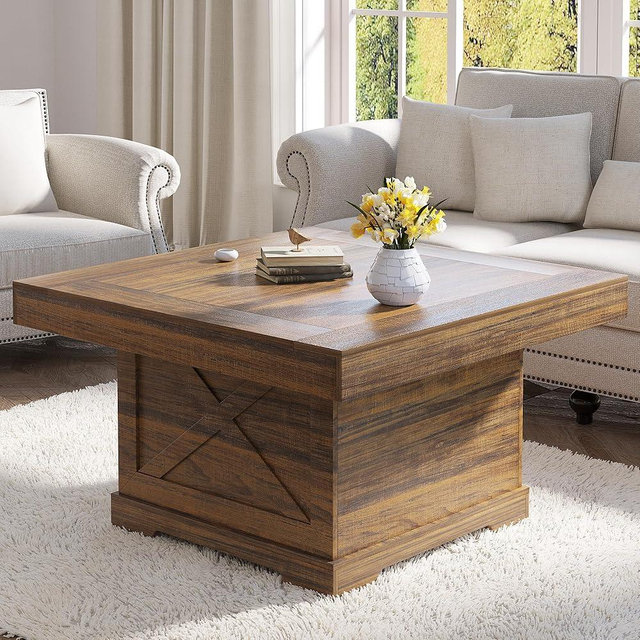 Lareth Coffee Table for Living Room Square Farmhouse Style Center Table 31.5 inch Wooden Rustic Cocktail Table, Easy Assembly Home Office Accent Coffee Table, Walnut