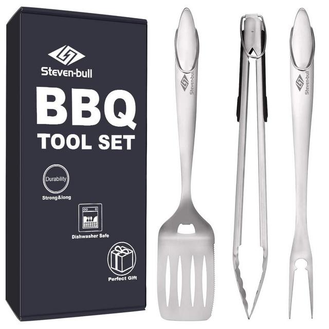 Steven-Bull Heavy Duty BBQ Grilling Tool Sets, Extra Thick Stainless Steel Spatula Fork and Tongs, Extra Long Grill Accessories, 18 Inch, Best for Barbecue & Grilling, Gift Box Package, 3 Pack