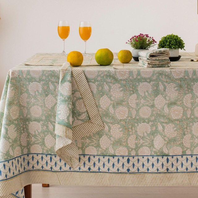 Sage Green Floral Tablecloth, Block Printed Tablecloth, Cotton Table Cover Linen Mats Napkins Set, Rectangle Tablecloth, Boho Table Cover