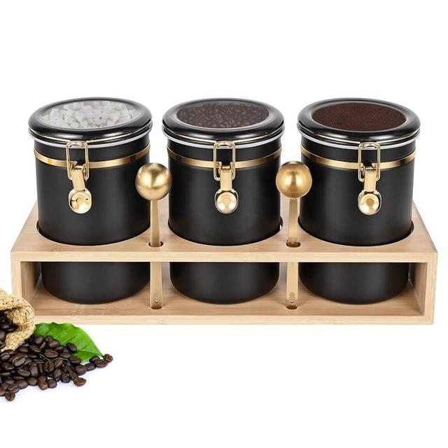 Yangbaga 304 Stainless Steel Coffee Canisters for Ground Coffee,3 x 66 OZ Coffee Container with Shelf Coffee Bean Storage, Food Storage Jar with Gold Airtight Locking Clamp and Spoon for Kitchen
