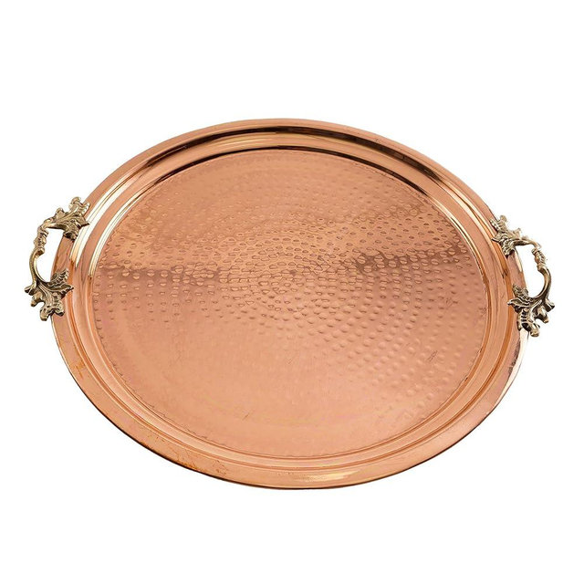 Hammered Copper Serving Tray with Brass Handle - Decorative Large Round Coffee Table Tray - Multi-Purpose Kitchen Food Tray Decorative for Breakfast, Dinner, and Parties, 14 Inch