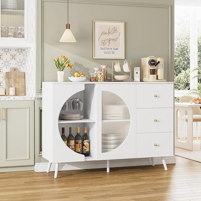 FACBOTALL Coffee Bar Cabinet with Fluted Glass Door, Modern Cream Style Buffets & Sideboards with Wine Glass Rack, Buffet Cabinet with Storage for Dining Room, Living Room, White