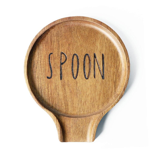 LBEMEY Acacia Wood Spoon Rest For Stove Top- Smooth Round Wooden Spoon Holder For Kitchen Counter with Non Slip Silicone Feet, Perfect Holder For Spoons,Spatulas and Tongs, Brown (Labeled "SPOON")