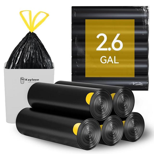 Kaylowe Small Trash Bags 2.6 Gallon Drawstring Garbage Bags Portable PE Trash Bag 5 Rolls 75 Count Strong Rubbish Bag for Office Bedroom Bathroom, Black Trash Can Liners