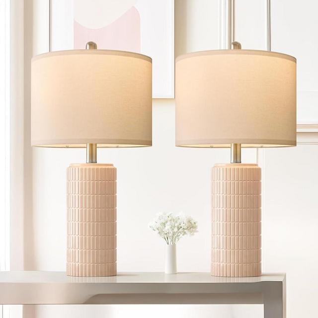 PoKat 23" Pink Ceramic Table Lamps Set of 2, Modern Bedroom Lamps for Girls Room, Bedside Lamps for Night Stands, Cute Lamps for Living Room Decor, Nightstands Desk Lamps, Medium