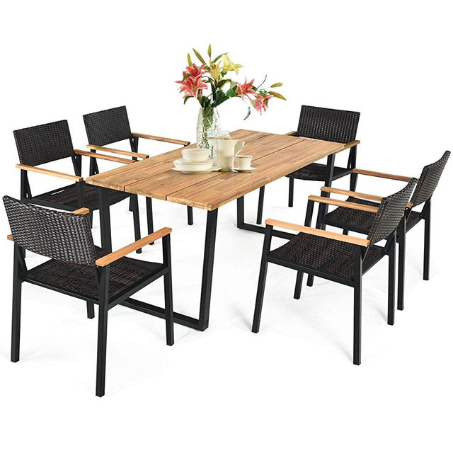 Tangkula 7PCS Outdoor Dining Set, Patio Dining Furniture Set w/Large Rectangle Acacia Wood Table Top, Rattan Chairs with Steel Frame, Umbrella Hole, Conversation Seating Set for Backyard Garden