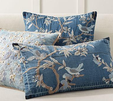 Denim Floral Embroidered Pillow Cover