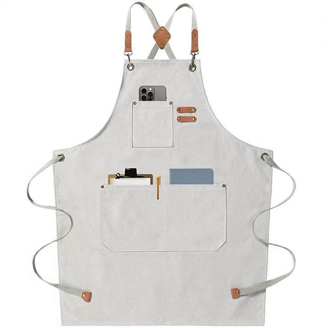 AFUN Chef Aprons for Men Women with Large Pockets, Cotton Canvas Cross Back Heavy Duty Adjustable Work Apron, Size M to XXL(Beige)