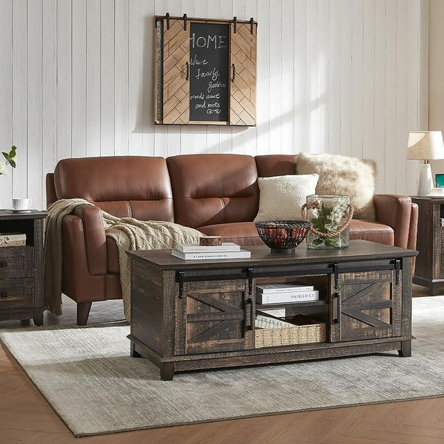 AMERLIFE 3-Piece Farmhouse Living Room Table Set - Coffee Table with Sliding Barn Doors & End Table Set of 2 with Charging Station and Storage Drawers, Oak Black