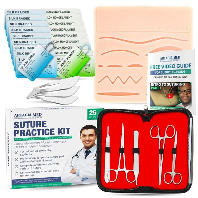 Suture Practice Kit for Medical Students | Including Large Silicone Pad, Suture Threads, Tool Kit, Knot Board and Suture Video Course