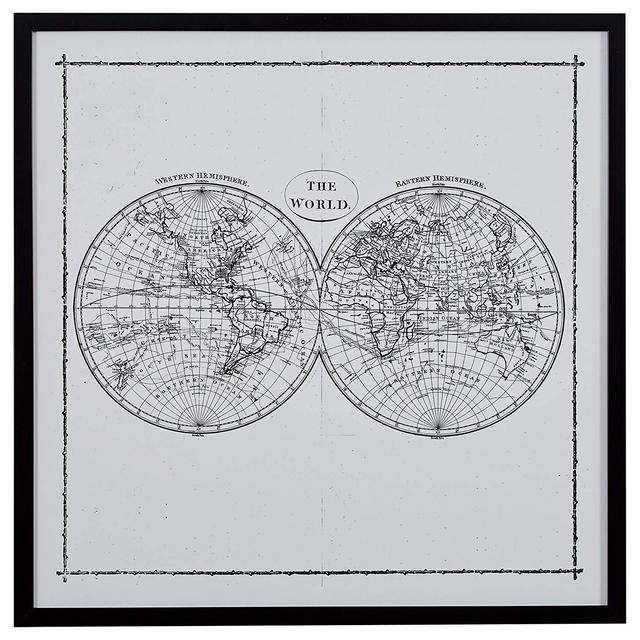 PTMIN - World Map Hemisphere Print in Black and White, Black Frame, 30.5" x 30.5"