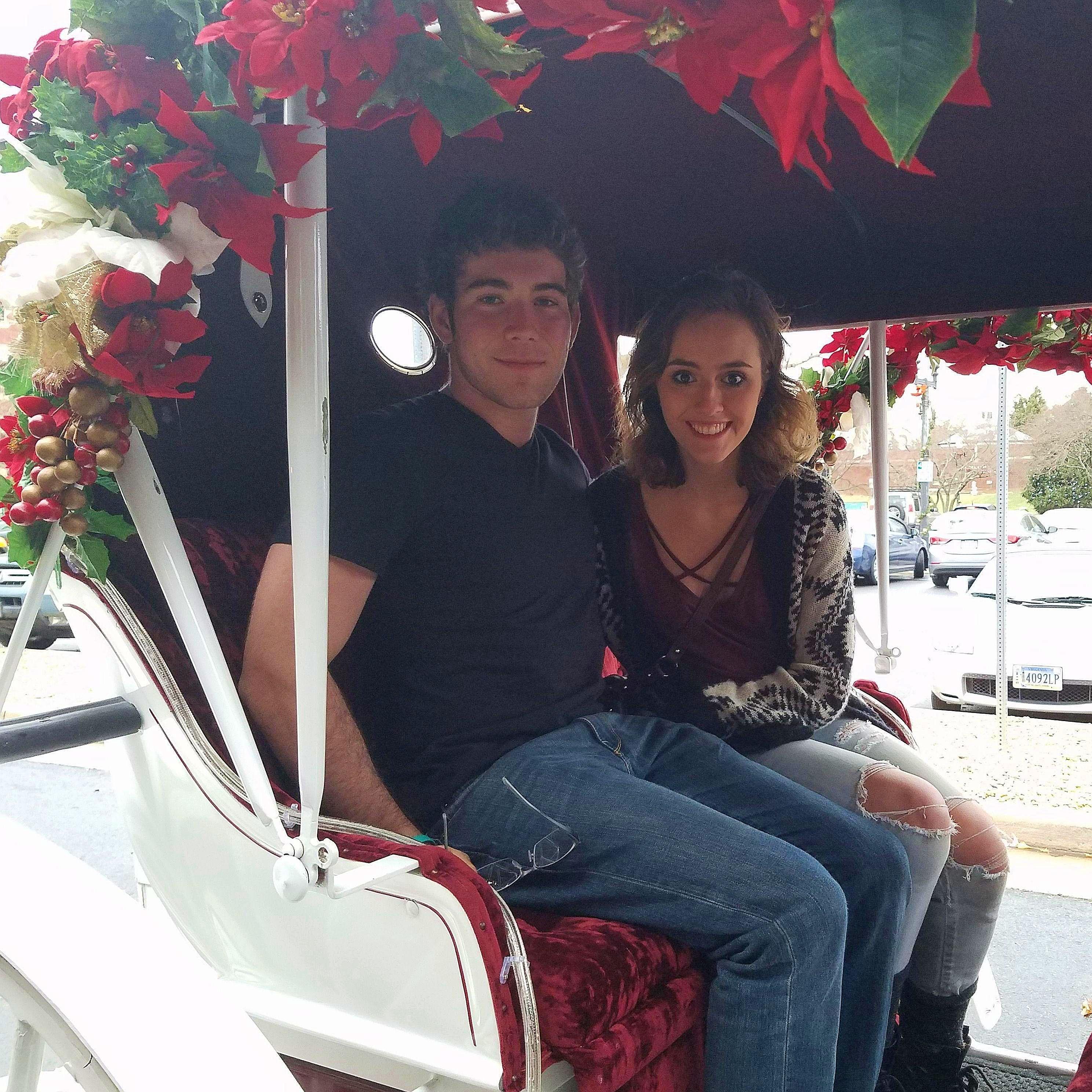 2016. This was the first time Christian visited Sarah in her hometown. What better start to a relationship than a romantic carriage ride in Old Town Manassas?