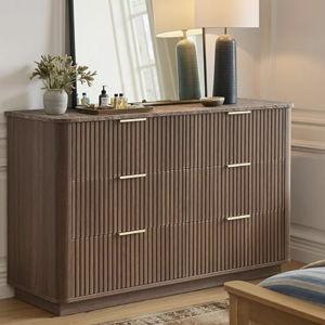 win2win 6 Drawer Dresser, Mid Century Modern Dresser with Storage, 47" Wide Fluted Chest of Drawers with Faux Marble Top, Dressers TV Stand, Drawers Organizer for Bedroom, Living Room, Hallway, Walnut
