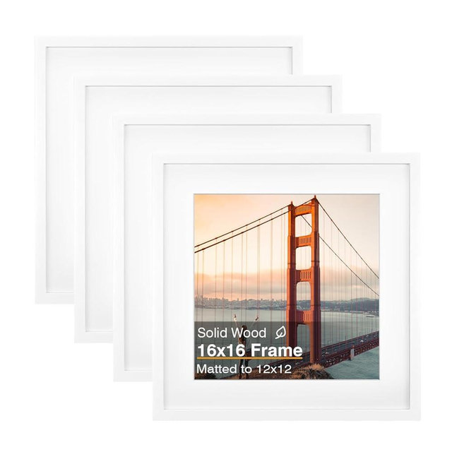 KINLINK 16x16 Picture Frame, White Square Solid Wood Frames for Pictures 12x12 with Mat or 16x16 without Mat, Wall Display Photo Frames White 4 Pack