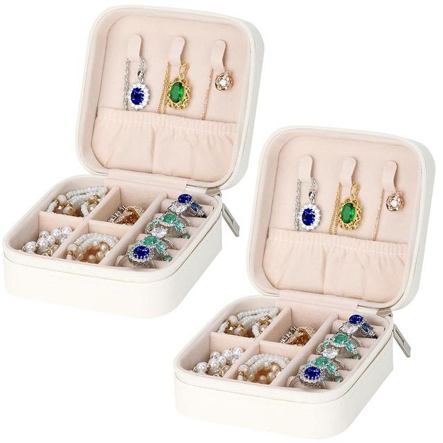 LETURE PU Leather Small Jewelry Box, Travel Portable Jewelry Case for Ring, Pendant, Earring, Necklace, Bracelet Organizer Storage Holder Boxes (WHITE-2PCS)