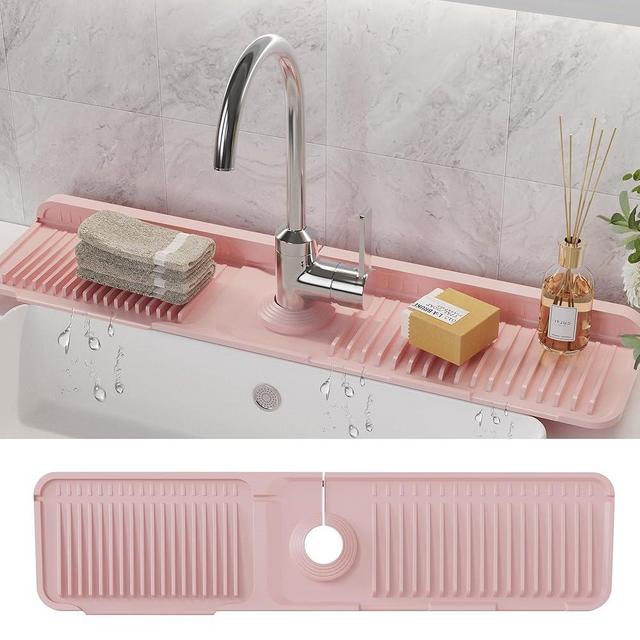 WAFT YEARN 24X5 Inch Silicone Durable Faucet Mat Kitchen Sink Splash Guard Draining Protector Tray Liner Absorbent Protective Counter Accessories for Sink Kitchen Bathroom Laundry Room Bar & RV Pink
