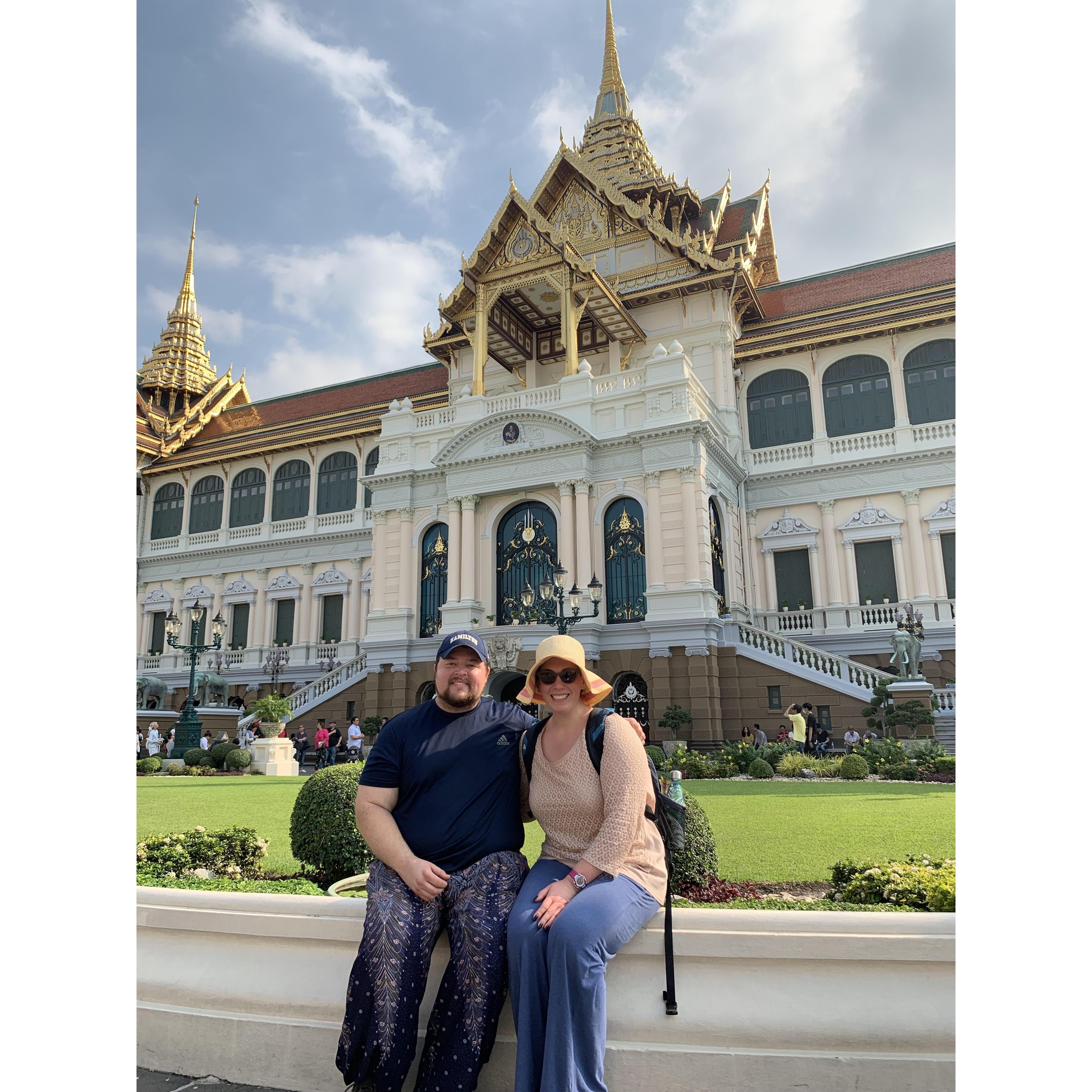 At the Royal Palace in Thailand (yes, Marci had to put on pajama pants in order to get into the grounds)