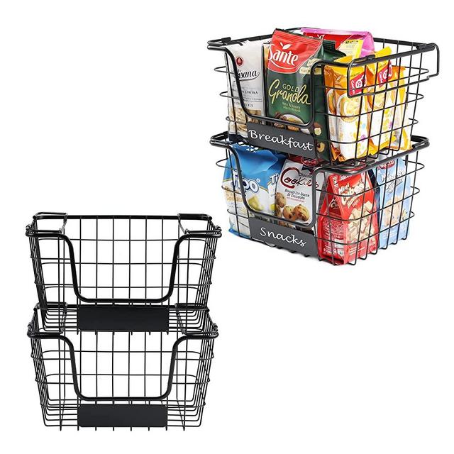 4PK-Stackable Wire Baskets XXL 18 Liter/5 Gallon Fruit Vegetable Produce Baskets with Handles for Kitchen Countertop Metal Food Storage Bins for Pantry, Freezer, Bathroom-Black