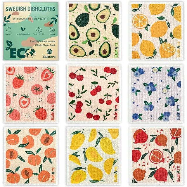 Eulnars Swedish Dishcloths for Kitchen, 8 Pack Fruit Swedish Dishcloths, Reusable Paper Towels Washable, Biodegradable, Non-Scratch Cellulose Sponge Cloths, No Odor
