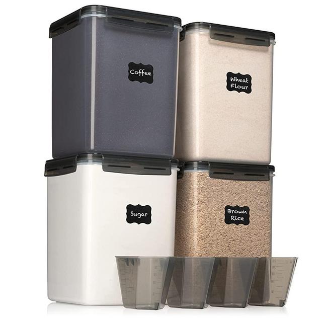 EXTRA LARGE WIDE & DEEP Food Storage Airtight Containers [Set of 4] 5.2L (175.9oz) w/ 4 Measuring Cups + Labels - Ideal for Sugar, Flour, Baking Supplies - Clear Plastic - Leakproof
