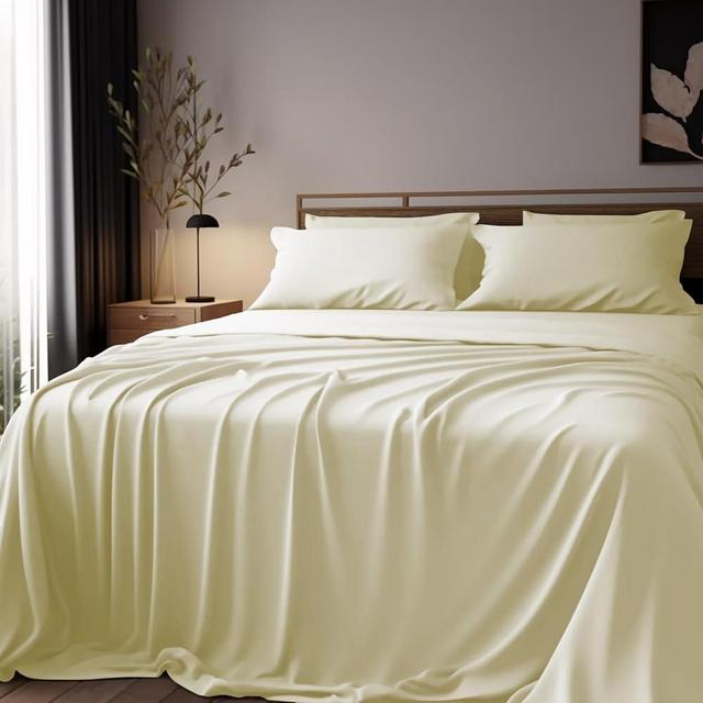 JSELF Bamboo Viscose Sheets King Size Bed Sheets Set 4 Pcs - 100% Organic Bamboo Viscose, 400 Thread Luxuriously Soft Count Percale, Cooling & Breathable Double Stitching, 16” Deep Pocket - Warm Cream