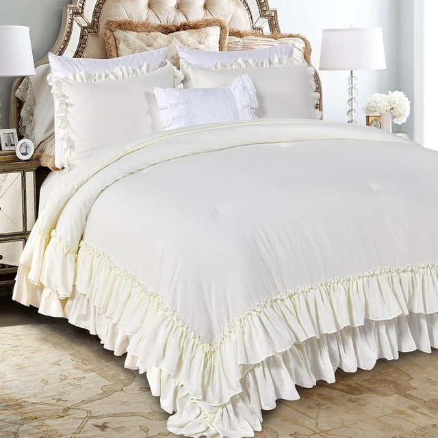 QSH Ruffle Comforter Set King Size, Shabby French Country Chic Bedding Ivory Comforter Sets, 3 Pieces Farmhouse Lightweight Boho Comforter Set for Bed, Ultra Soft Microfiber Fluffy Bedding