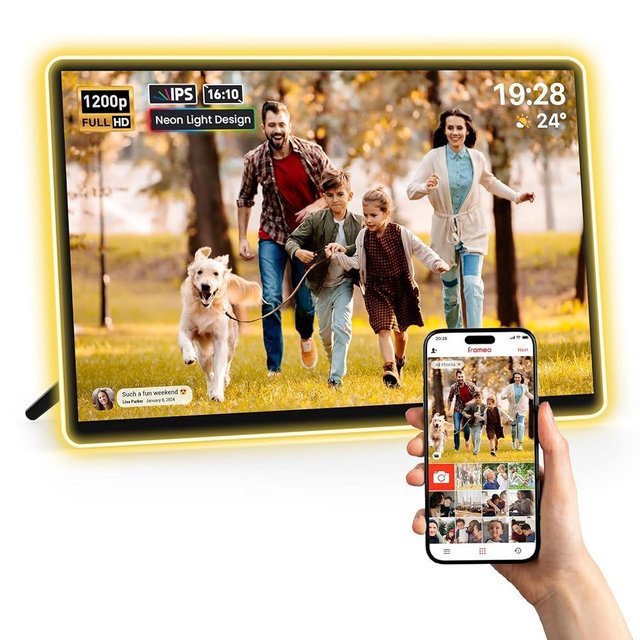Apolosign 14.1" Neon Light Digital Frame, 32GB Storage Smart Digital Picture Frame, Easy Setup, 16:10 Aspect Ratio Glass Lamination Touch Screen, Share Moments Remotely via Frameo, Gift for Friends