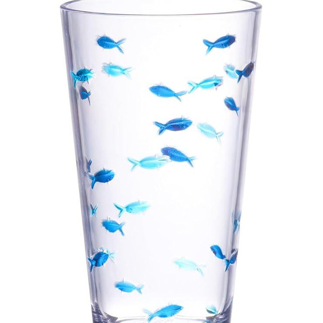 KLIFA- CHARLESTON- 19 oz, Set of 6, Acrylic Fishing Highball, School of Fish Drinking Glasses, BPA-Free, Stackable Plastic Drinkware, Dishwasher Safe Cups, Dark and Light Blue Printing