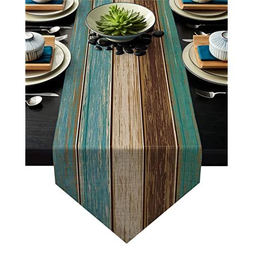 FAMILYDECOR Linen Burlap Table Runner Dresser Scarves, Retro Old Wood Barn Teal Table Runners for Farmhouse Kitchen, Dinner Holiday Parties, Wedding, Events, Decor - 13 x 70 Inch