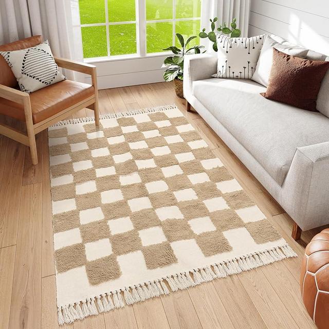 Lahome Checkered Boho Bathroom Rug, 4x6 Rugs for Living Room Washable Bedroom Rug with Tassels, Farmhouse Kitchen Rugs Cotton Tufted Indoor Throw Rug for Dining Guestroom Gifts, Khaki