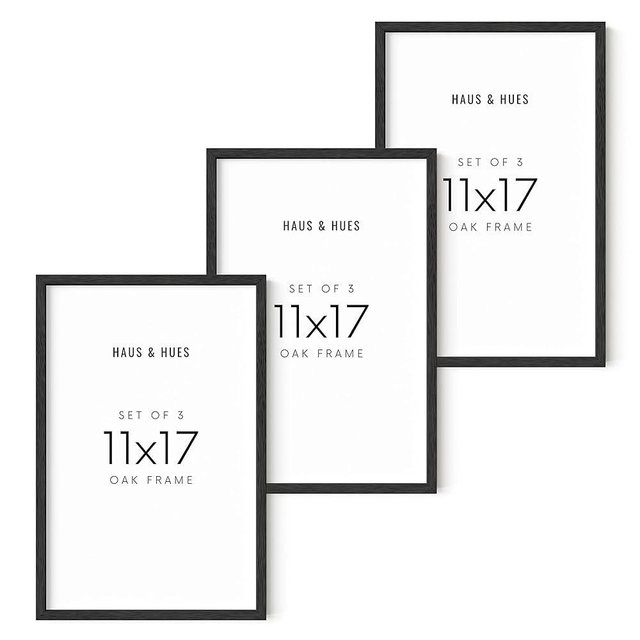 HAUS AND HUES Set of 3 11x17 Picture Frame - Black Picture Frames 11x17 Natural Wood Frames, 17x11 Picture Frame Set Wooden Frames, 11x17 Poster Frame Wooden Picture Frames (Black Oak Frame)