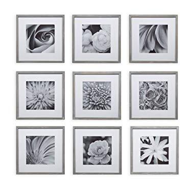 Gallery Perfect Square Decorative Art Prints & Hanging Template 9 Piece Greywash Photo Frame Wall Gallery Kit, Grey
