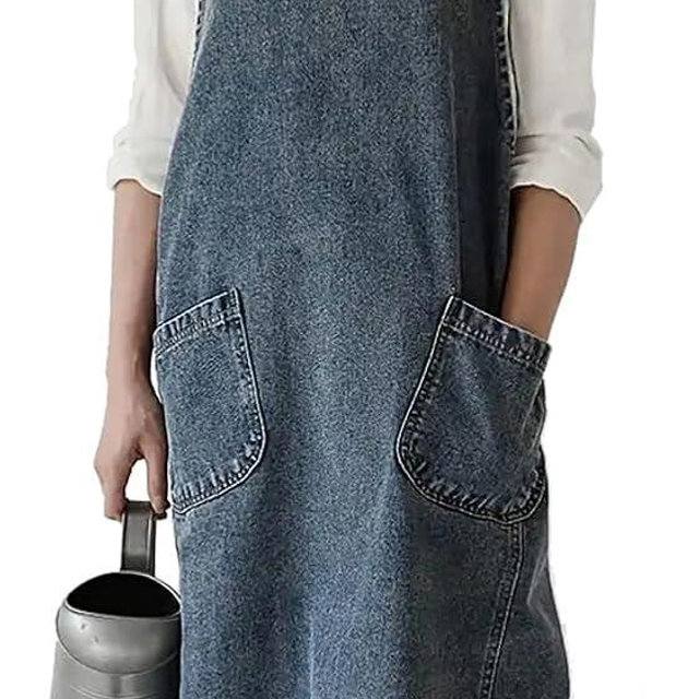 BCHWAY FAMILY Denim Apron with Large Pockets for Cooking Kitchens, Gardening Aprons for Women Men, Bib Jean Apron for Arts Cafe Work (Style B, Deep Blue)
