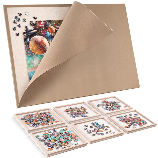Jigsaw Puzzle Board with 6 Sorting Trays, 1500 Pieces Puzzle Playing Surface with Protective Cover, Lightomorrow 37" x 30" Felt Puzzle Display Board