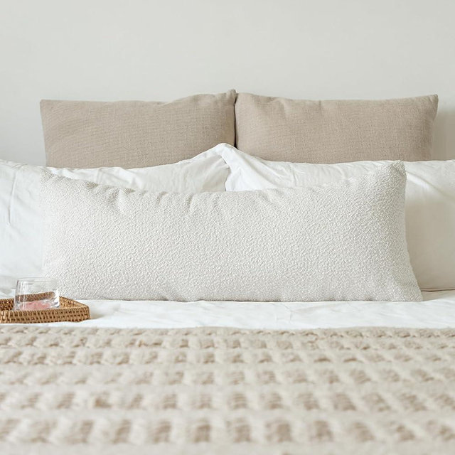 JoraLion 14x36 inch Boucle Lumbar Pillow Cover, Cream White Woven Texture Neutral Long Pillow Cover Breathable Cushion Case for Couch Sofa Bed Living Room Home Decor (Cover Only)