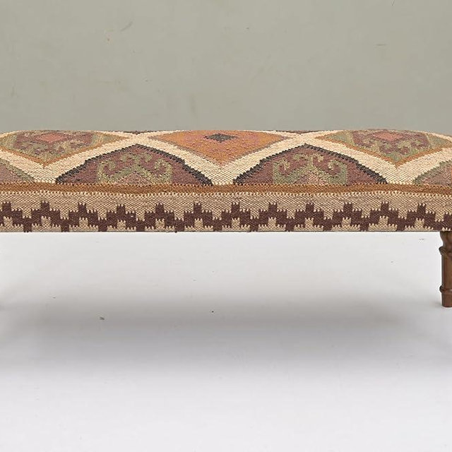 NATURAL FURNISH Acacia Wood Kilim Jute Fabric Upholstered Bench | Multi-Purpose Wooden Ottoman with Wool KD Jute for Living Room, Bedroom, End of Bed, Hallway & Entryway (Beige, 47x17x16 inch)