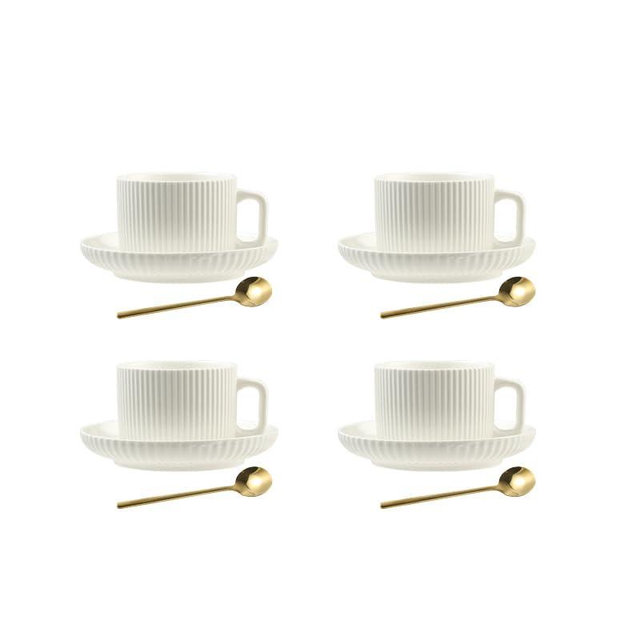 AYUCIA 6 Ounce Cappuccino Cups Set of 4, Small Coffee Cups with Saucers and Spoons, White Cream Ceramic Demitasse Espresso Mugs Cappuccino Cups for Tea Latte Mocha Au Lait Macchiato Cafe