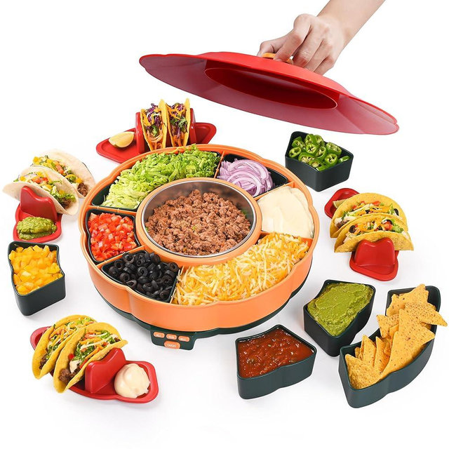 Taco Tuesday Kit - Taco Bar Serving Set for a Party with 33oz Heated Pot, 4 Taco Holders, Detachable Lazy Susan Tray, Perfect for Parties, Nachos Taco Night Fiesta Unique Couple & Housewarming Gift