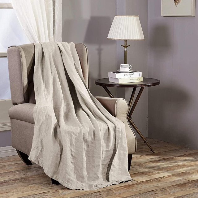 Chezmoi Collection Brussels Super Soft Lightweight Pre-Washed Belgian Flax Linen Reversible Throw Blanket, 50" x 70" - Natural Linen Color