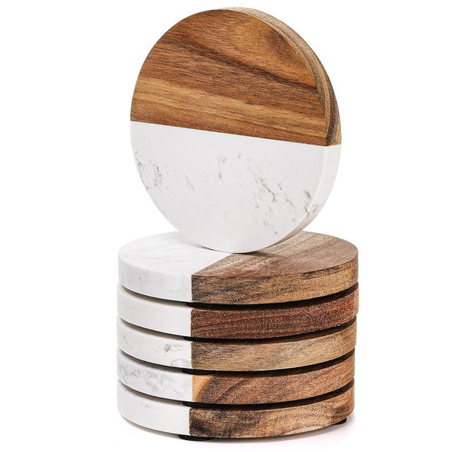 ZENFUN 6 Packs Marble Wood Coasters, Round Coasters, Handcrafted Artificial Marble Coasters Set for Your Drinks and Beverages, Tea, Coffee, Wine/Bar Glasses, Tabletop Protection Helper