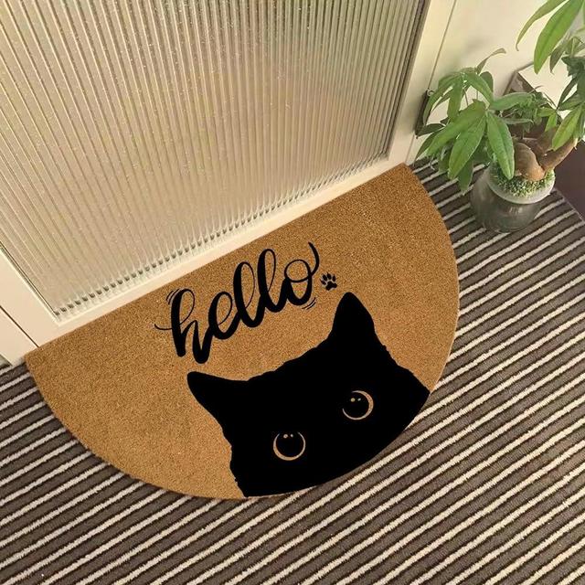 Funny Half Round Door Mat Front Door Mat Entryway Outdoor Mat with Heavy Duty Front Porch Welcome Mats Entry Brown Mat House Warming Gift Mat 29.5 x 17 inch (Cute Black Cat Bombay Hello)