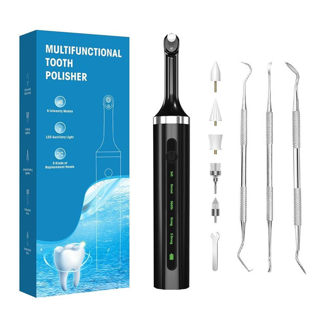 Plaque for Teeth Whitening Tools Electric Tartar Polishing Cleaning Kit with LED Light 5 Speed Modes with 5 Replacement Brush Heads (Black)
