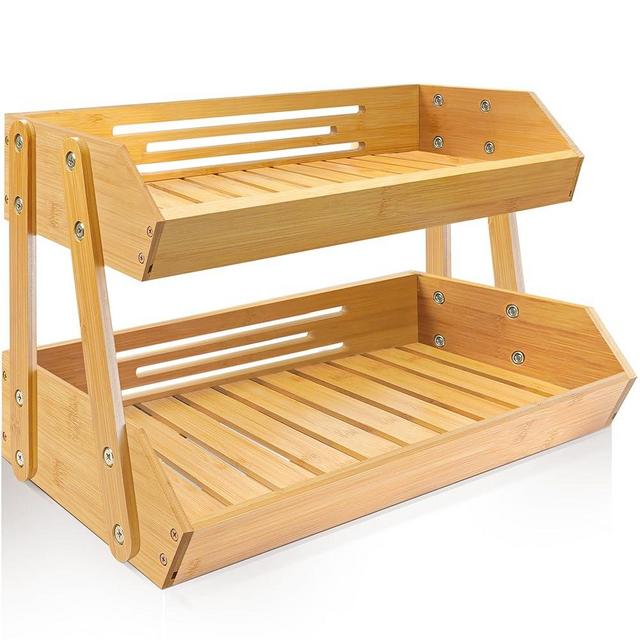 [Upgraded Length] 16.5-Inch Fruit Stand Storage Holder, 2 Tiers Fruit Basket with 4 Legs, Bamboo Fruit Bowl Holder for Fruit, Vegetable, Bread and Snack, Home Kitchen Countertop Organizer (Natural)