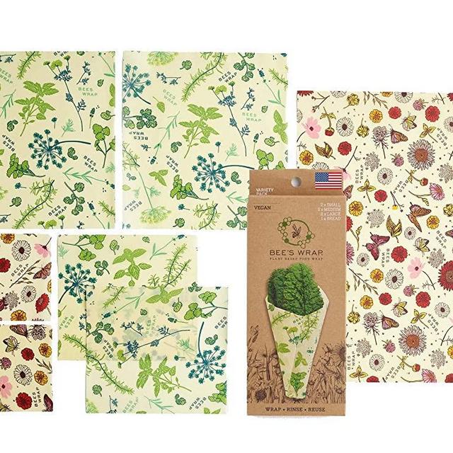 Bee's Wrap - Vegan 7 Piece Value Pack - Made in the USA with Certified Organic Cotton - Plastic and Silicone Free - Reusable Eco-Friendly Plant-Based Food Wrap - 7 Pieces (2 S, 2 M, 2 L, 1 bread)