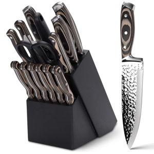 Kitchen Knife Set,15-Piece Knife Set With Block Wooden,Self Sharpening For Chef Knife Set,High Carbon Japan Stainless Steel Hammered Collection Knife Block Set with Steak Knives (Gray)