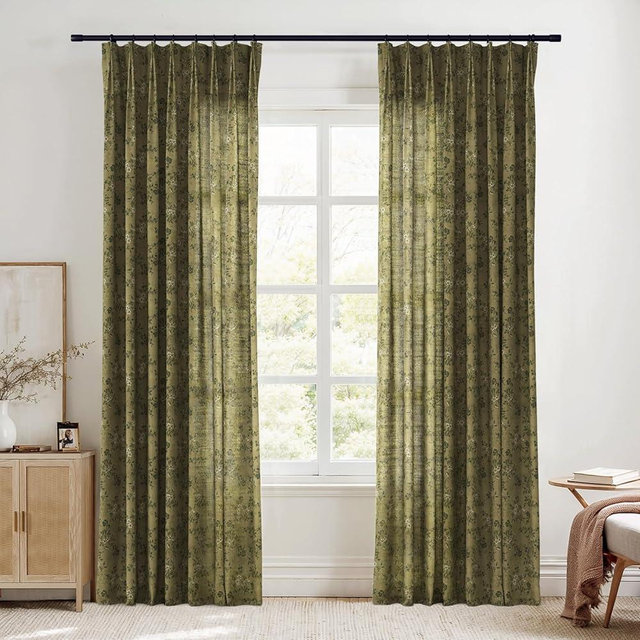 TWOPAGES Pinch Pleat Floral Curtain 84 Inch Long Light Filtering Privacy Drape Linen Textured Printed Curtain for Kitchen Bathroom (Ivy Brown, 26W x 84L Inches, 1 Panel)