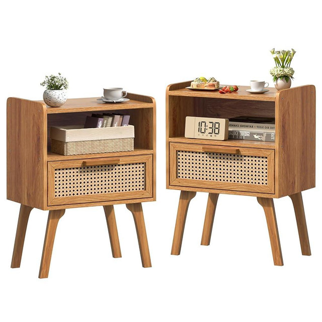Lerliuo Rattan Nightstands Set of 2, Side Table with Drawer, Cane Accent Bedside End Table with Solid Wood Legs, Mid Century Modern Night Stand for Bedroom, Dorm and Small Spaces (Tea Brown)