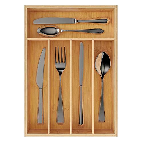 BAMEOS Bamboo Drawer Organizer Kitchen Silverware Organizer with 5 Compartments，Flatware Drawer Organizer Tray - Bamboo Hardware Organizer Cutlery and Utensil Tray, Perfect for the Kitchen, Bathroom,