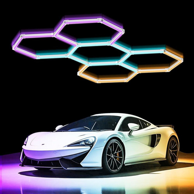 RGB Hexagon LED Light，Hexagon Garage Lights with Color Changing Modes, Dimmable Linkable Music Sync, Speed Adjustable Hex Lighting for Gaming Room, Bar, Club, Home Party, Music Studio, Gym (5 hex)